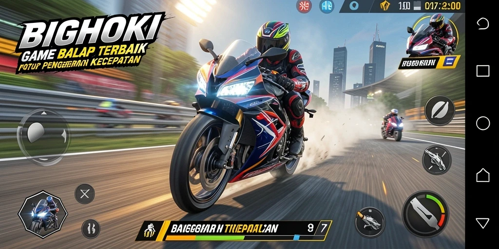 Tampilan gameplay BIGHOKI yang intens dan penuh aksi balap motor.