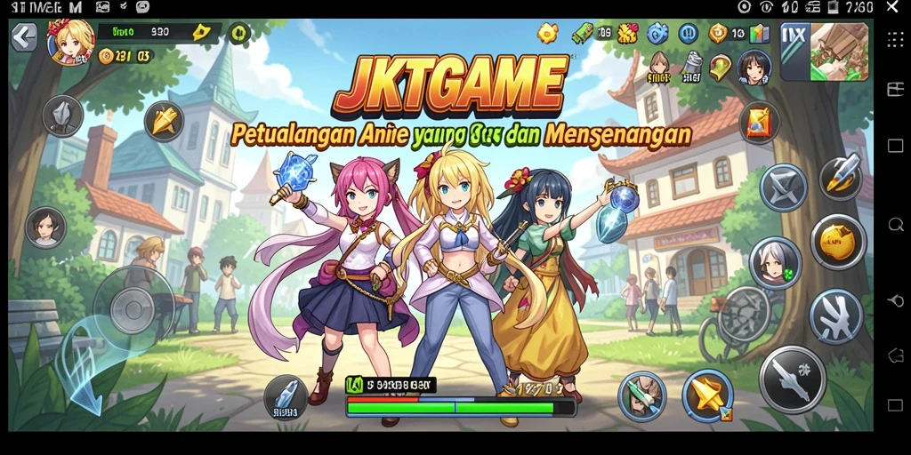 Tampilan interaktif dari gameplay JKTGAME dengan karakter anime.