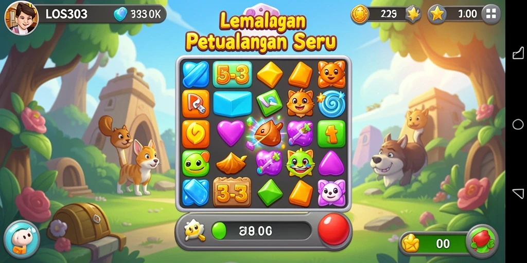 Screenshot utama menunjukkan gameplay seru dari LOS303 dalam kategori Match-3.